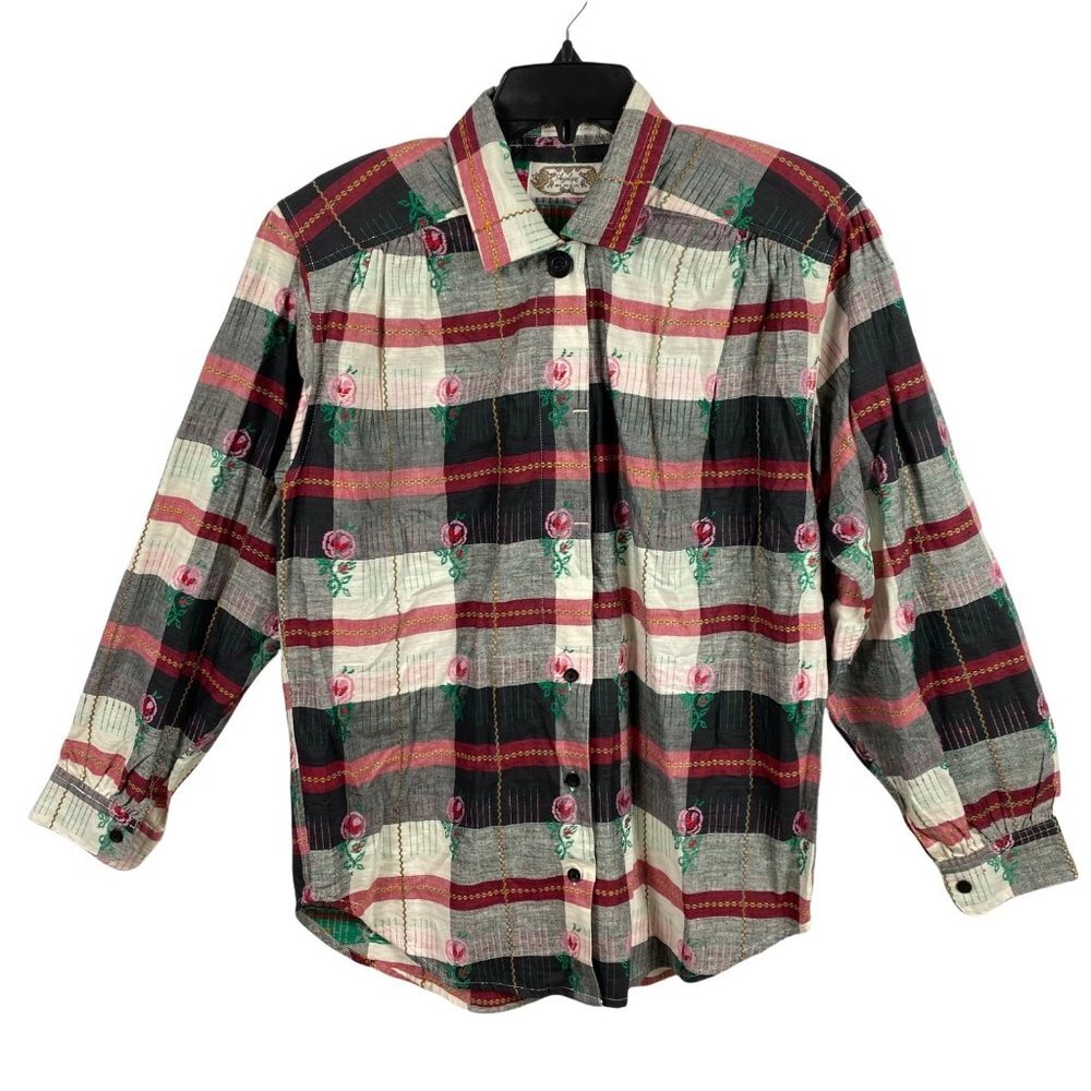 Vintage Angelique Shirt Embroidered Plaid Floral 90s Y2K Blouse Women Size Small - Picture 11 of 12